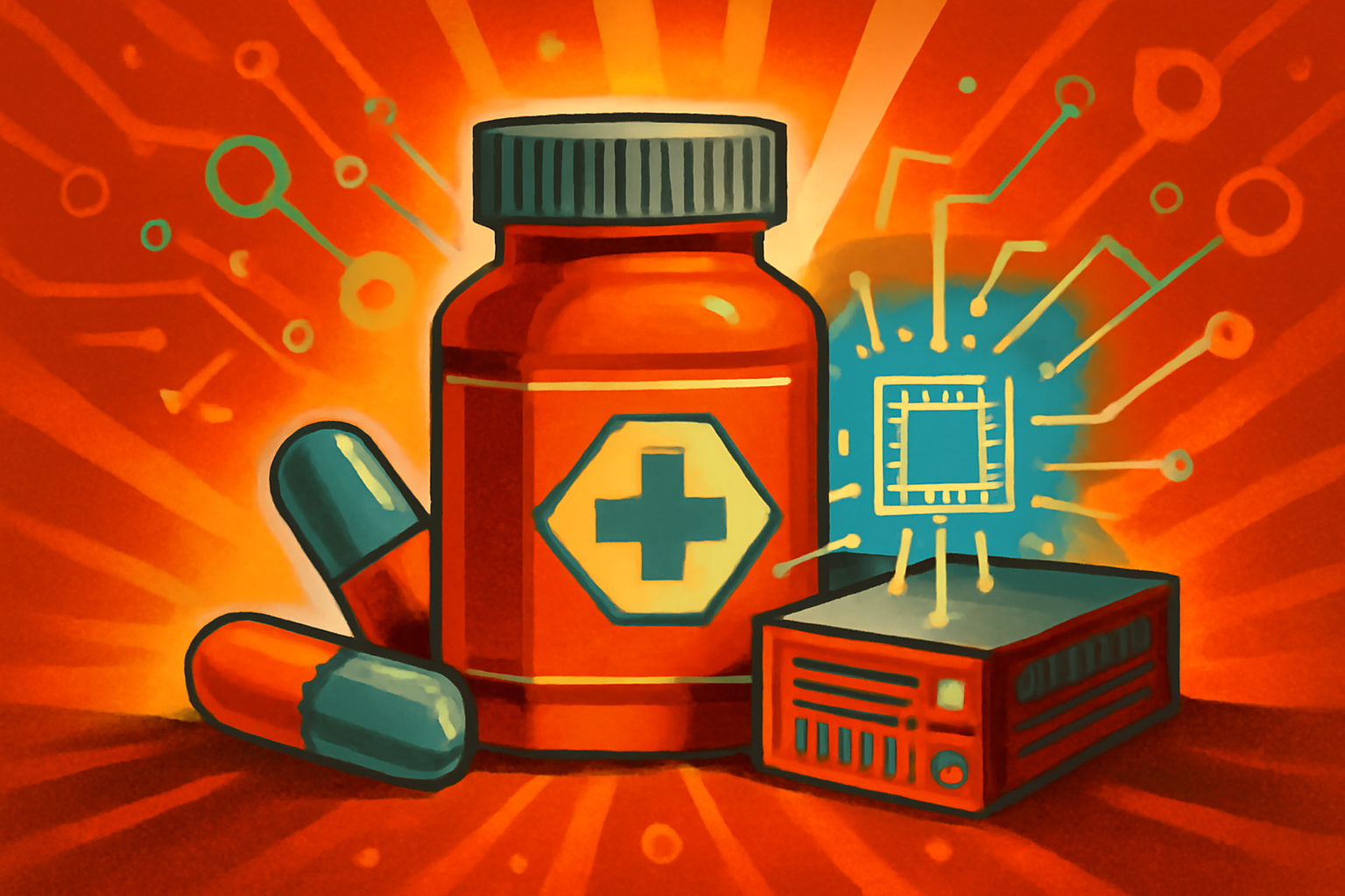 A sophisticated data center with racks of high-performance servers and glowing blue lights, representing a pharmaceutical AI computing facility.