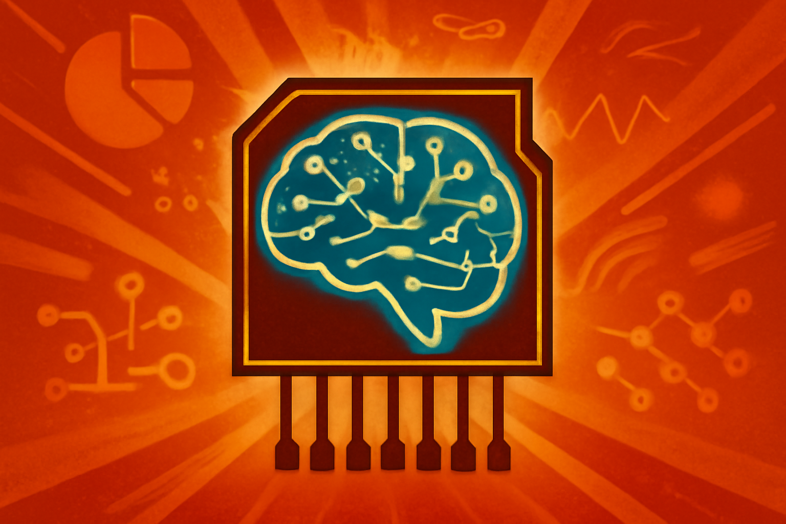 A conceptual illustration of neuro-symbolic AI, merging a digital brain representing neural networks with a logical geometric grid representing symbolic AI.