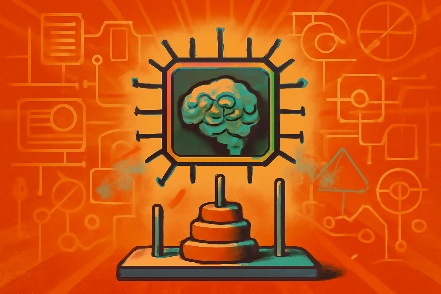 A robotic arm solving a Tower of Hanoi puzzle with digital graphics representing energy-efficient AI processing.