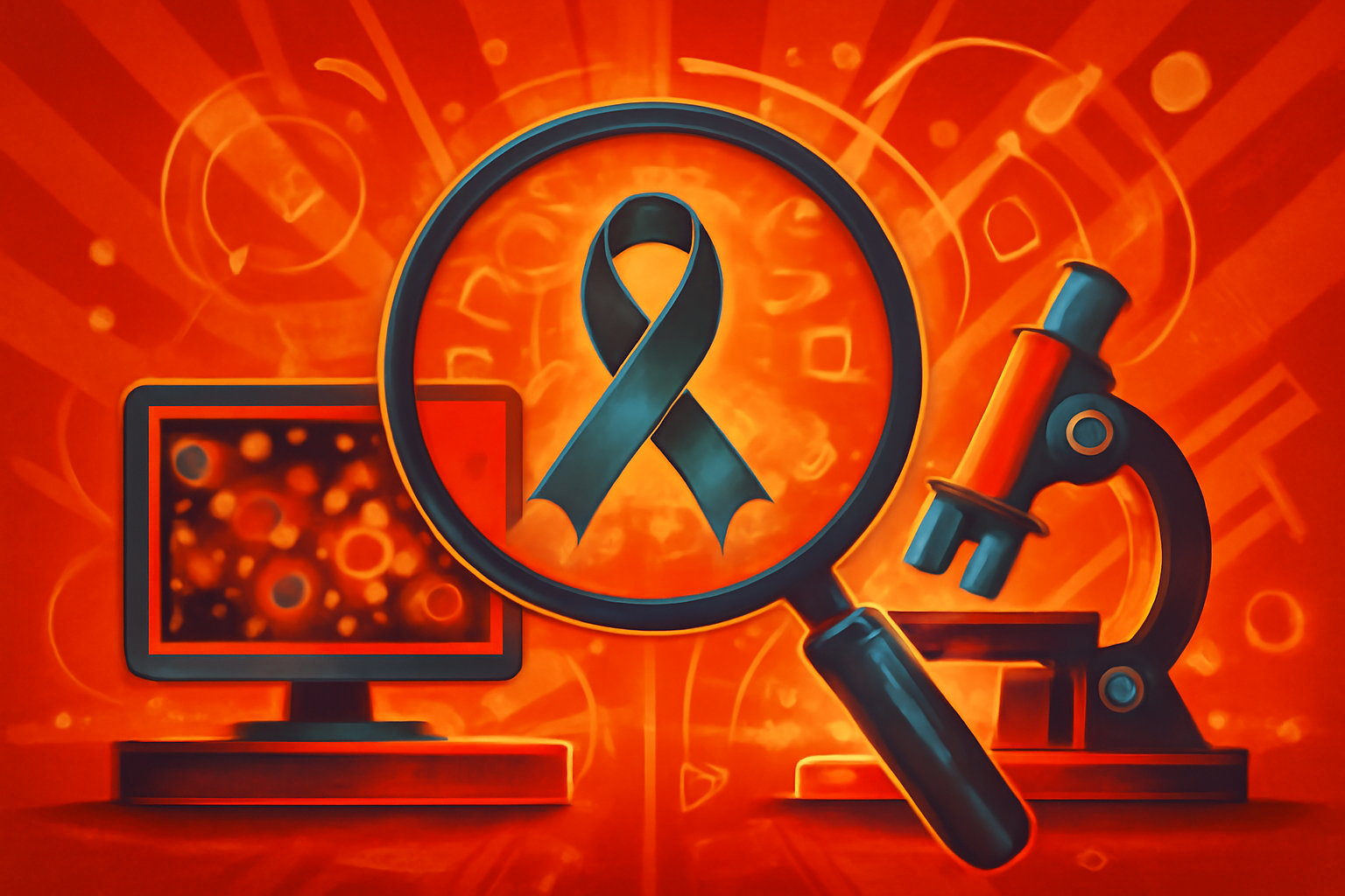 A digital pathology screen showing a microscopic view of tissue cells with abstract AI data overlays in a medical lab setting.