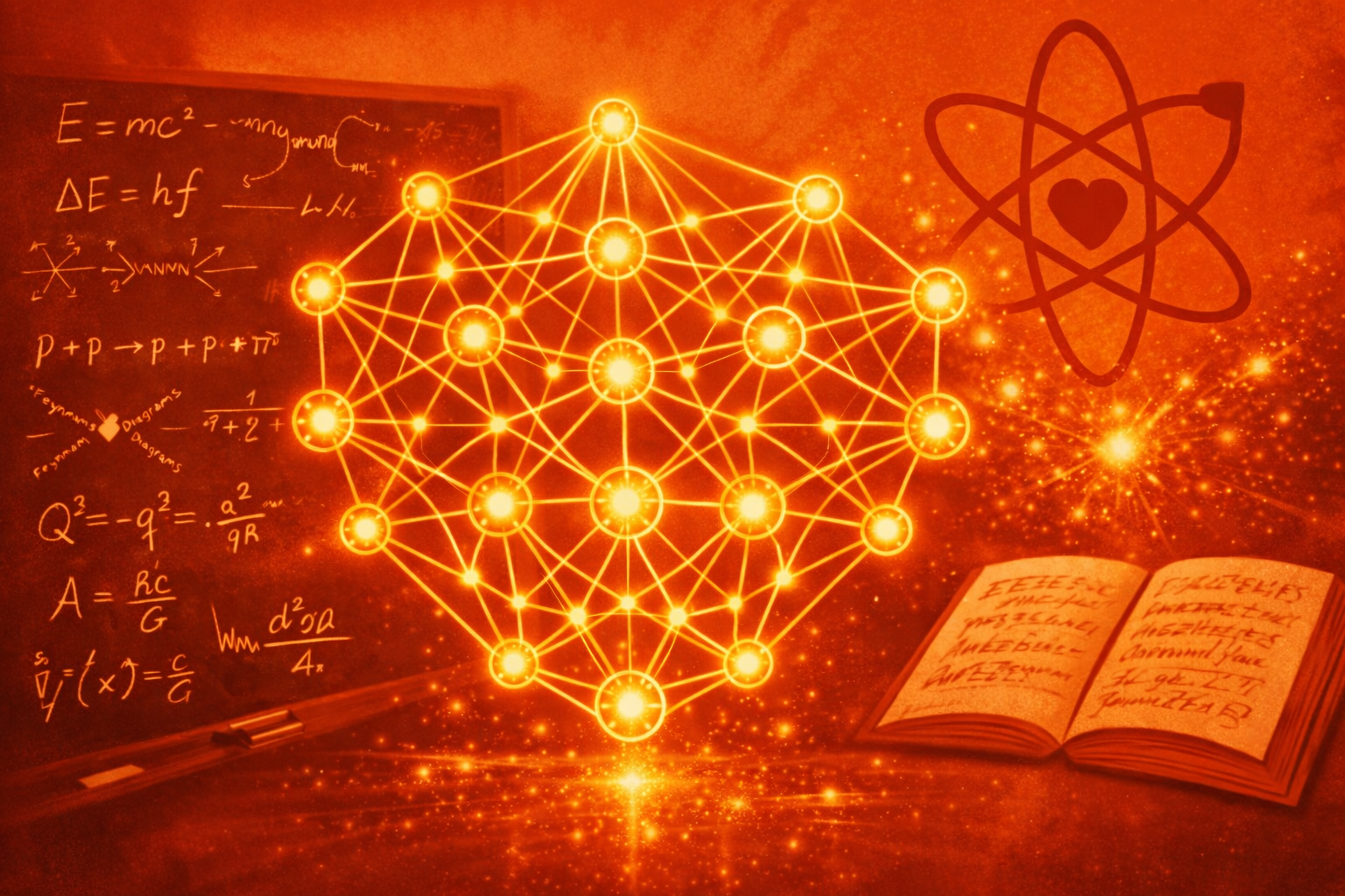 A digital illustration of a neural network glowing in blue light, its nodes connecting to handwritten physics equations on a dark chalkboard. In the background, bright points of light represent gluons colliding in a scattering pattern.