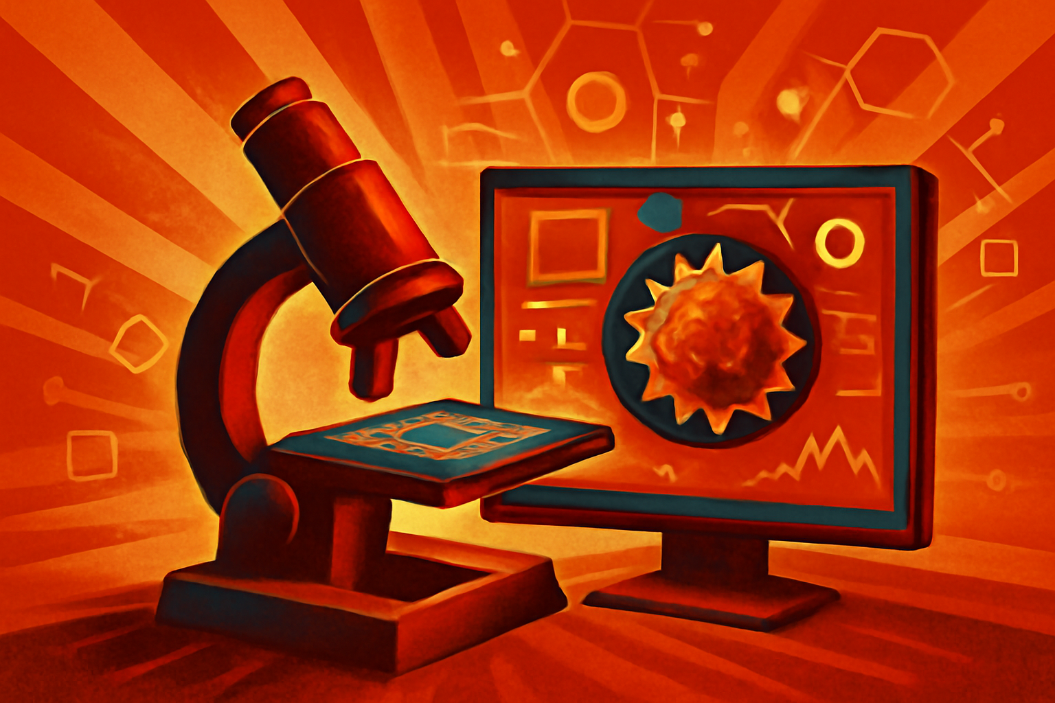 A computer screen in a lab shows a microscopic tissue sample with digital AI overlays used for cancer diagnostics and medical research.