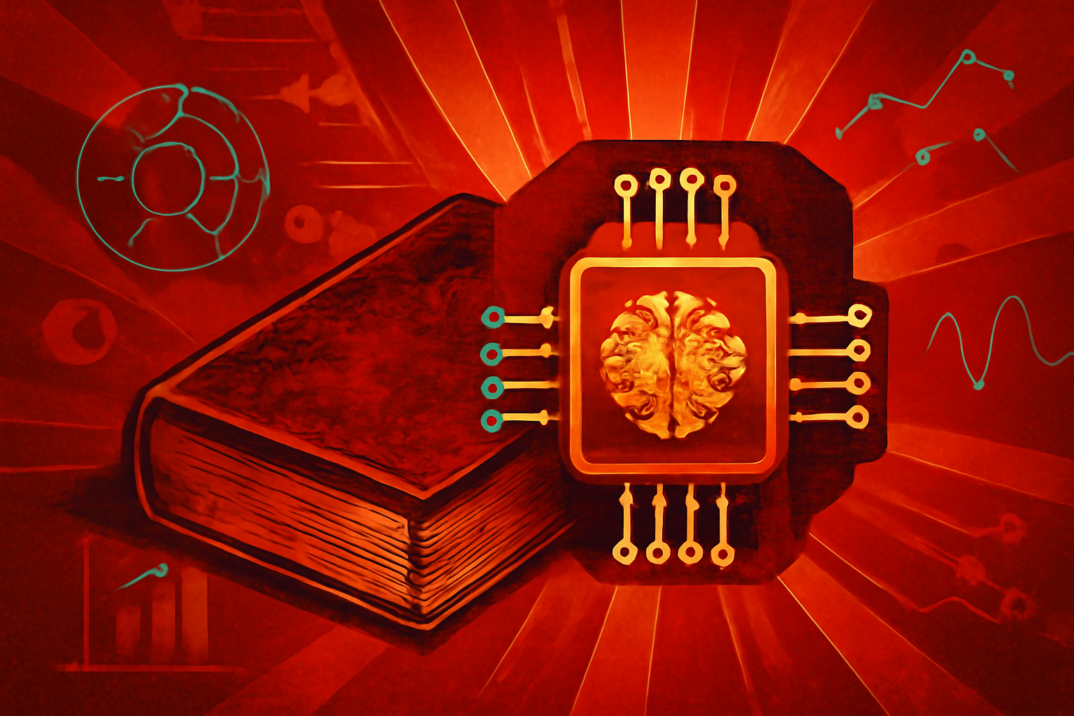 Conceptual image showing glowing digital data representing AI discoveries being weighed down by heavy, old academic books and inkwells.