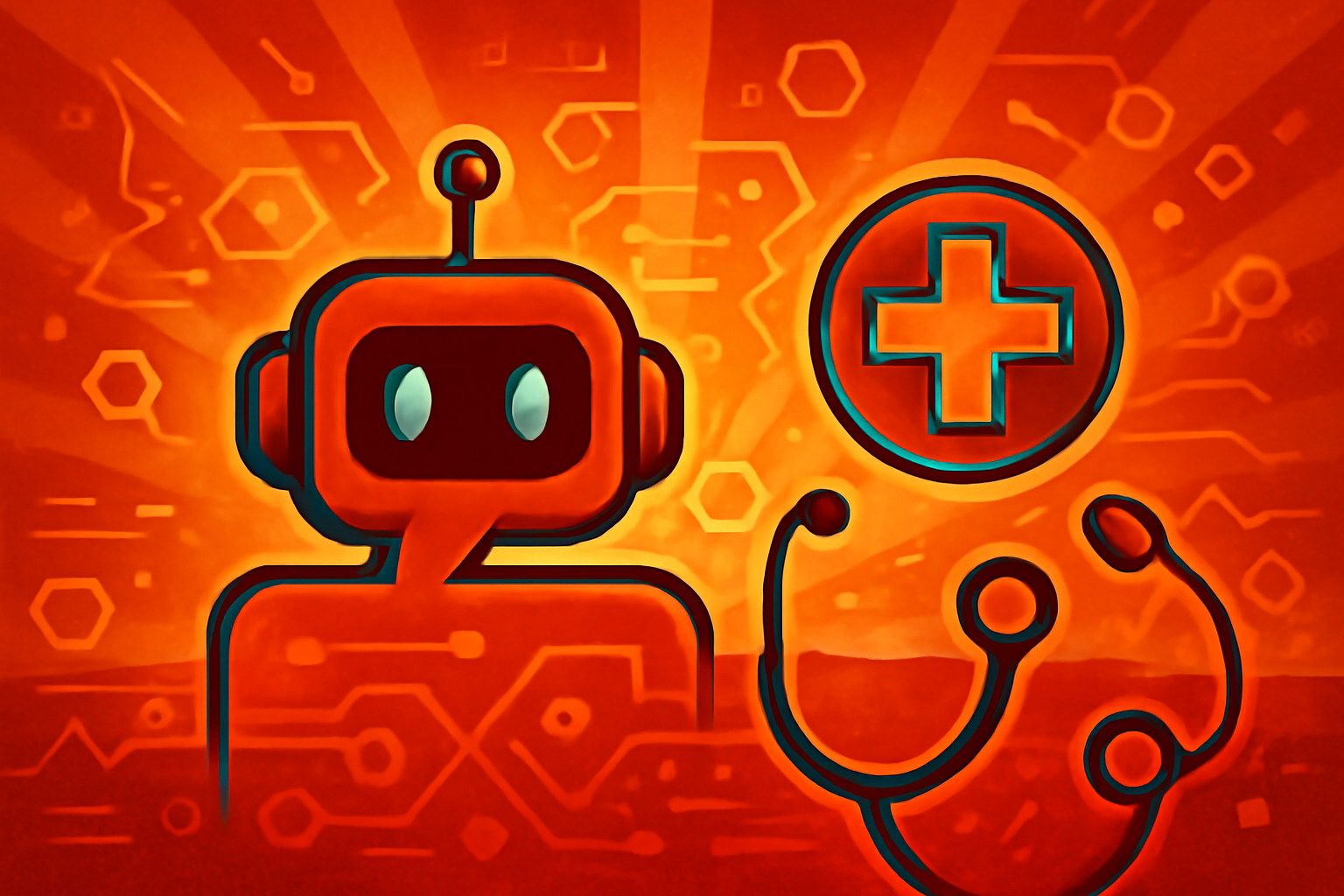 A person holds a smartphone showing a medical chat interface; a stethoscope lies out of focus on a white desk, symbolizing the gap between AI tools and clinical medicine.