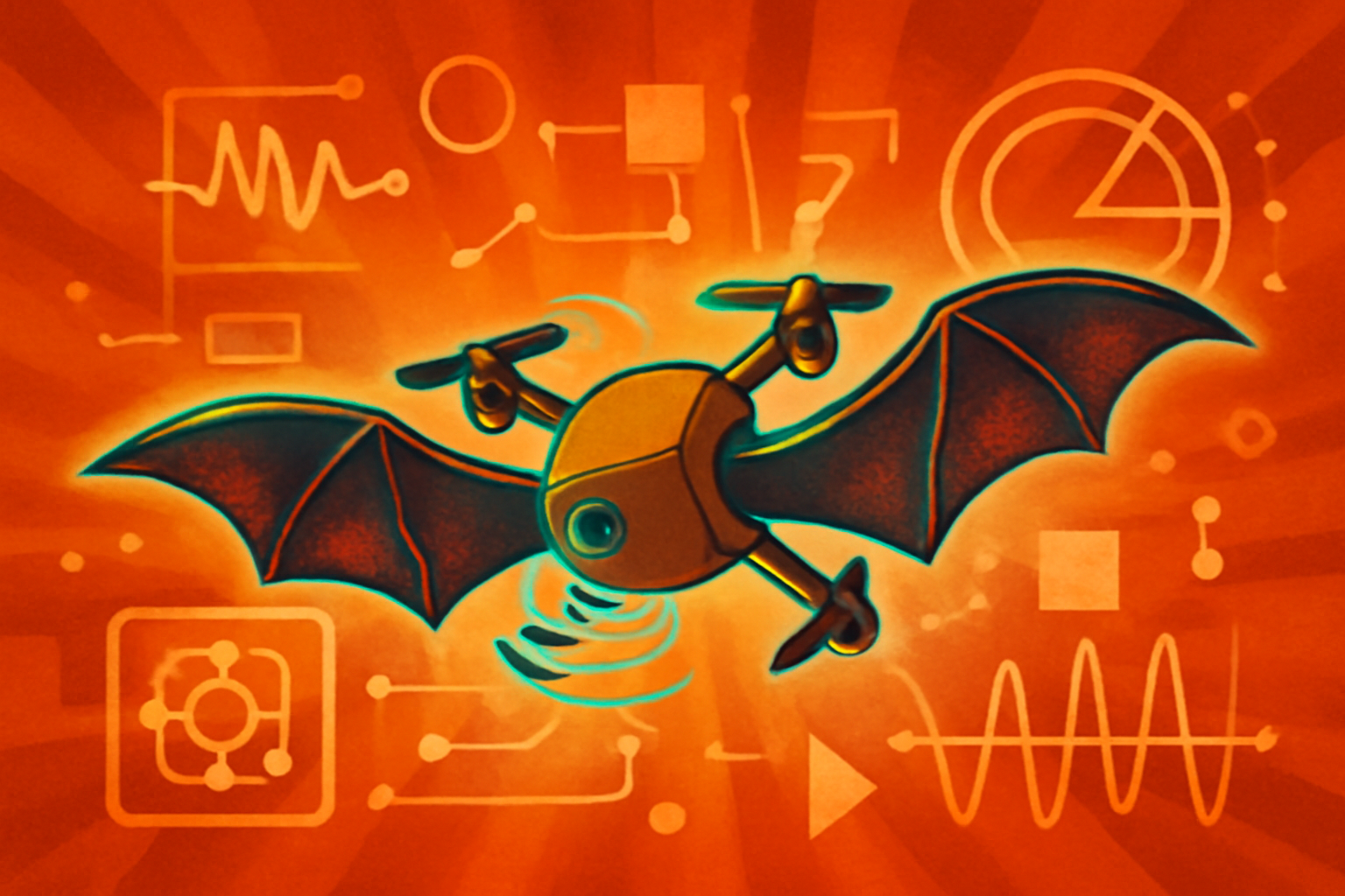 A palm-sized robotic drone navigating through a room filled with dense grey smoke. The drone features small circular sensors on its front and is shown in a realistic search-and-rescue setting.