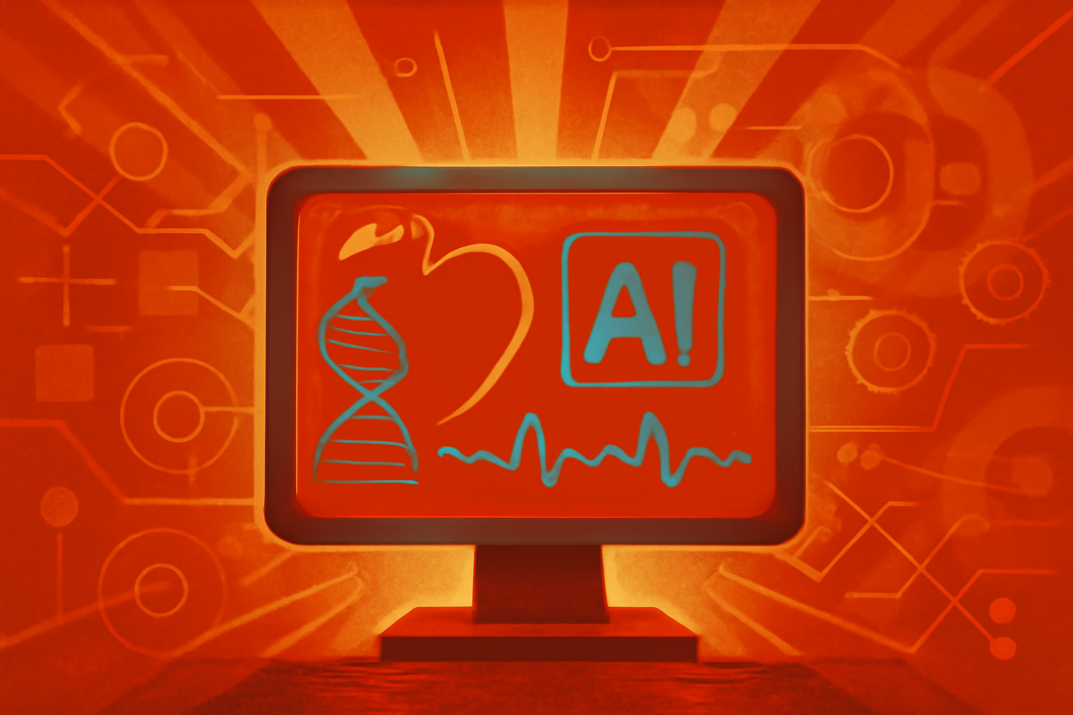 A digital heart model on a monitor surrounded by DNA sequences and padlock icons representing secure medical AI data.
