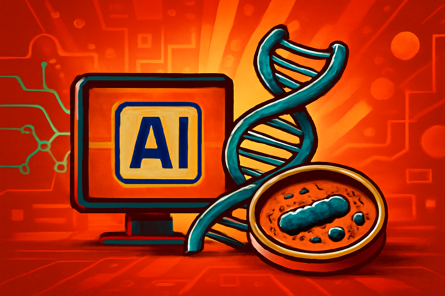 A digital visualization of complex 3D protein structures against a backdrop of glowing scientific data and extreme natural landscapes.