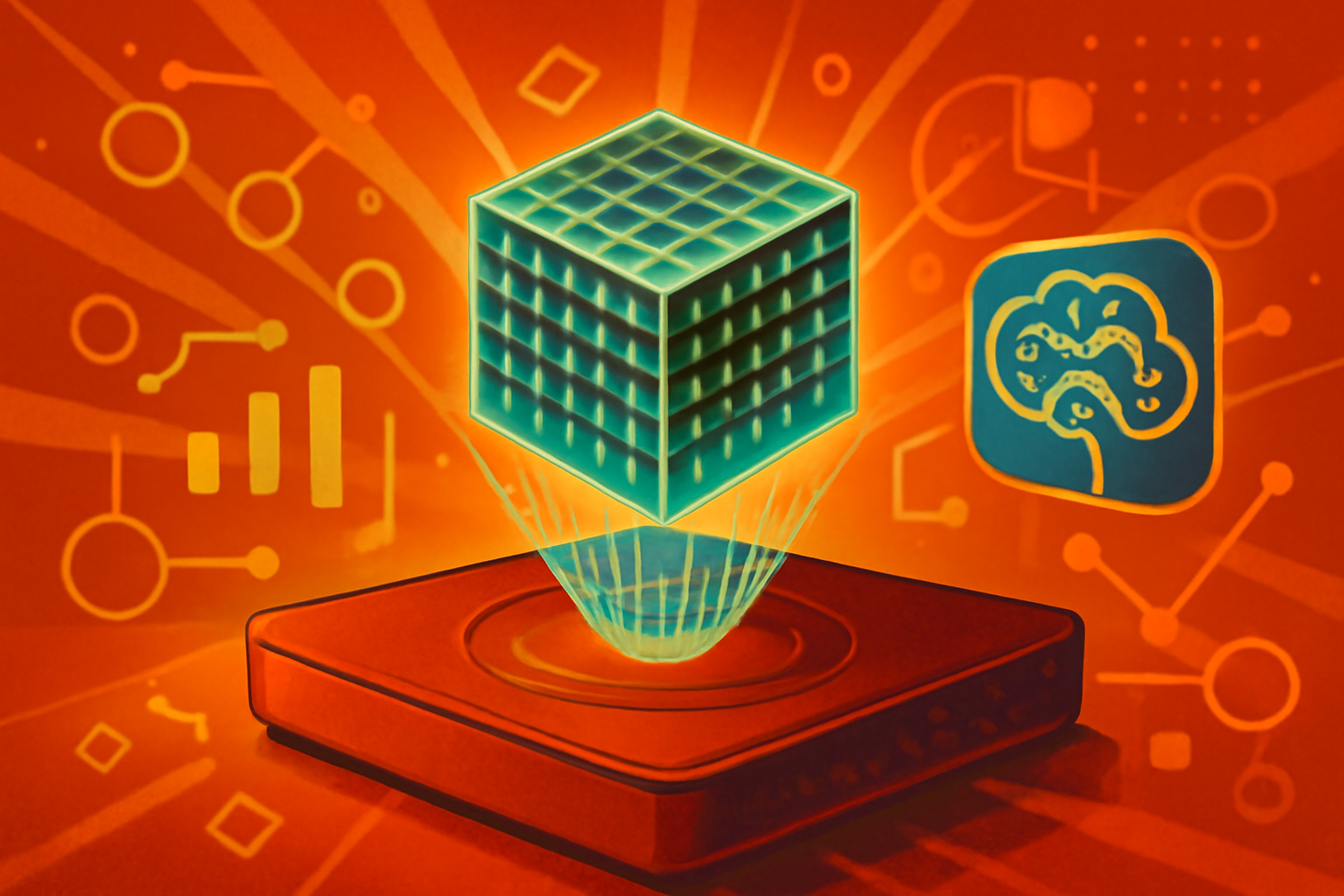 A glowing translucent cube storing holographic data with iridescent light patterns, representing a breakthrough in 3D data storage and AI reconstruction.