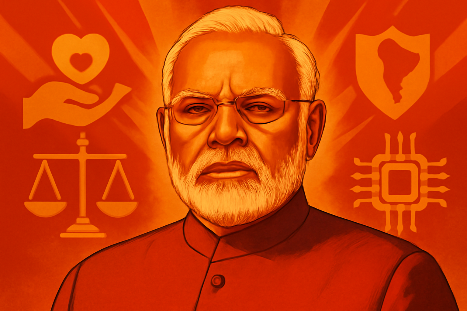 Indian Prime Minister Narendra Modi speaks at the AI Impact Summit 2026. A digital backdrop behind him reads 'M.A.N.A.V. Vision,' highlighting India's new framework for ethical and inclusive artificial intelligence.