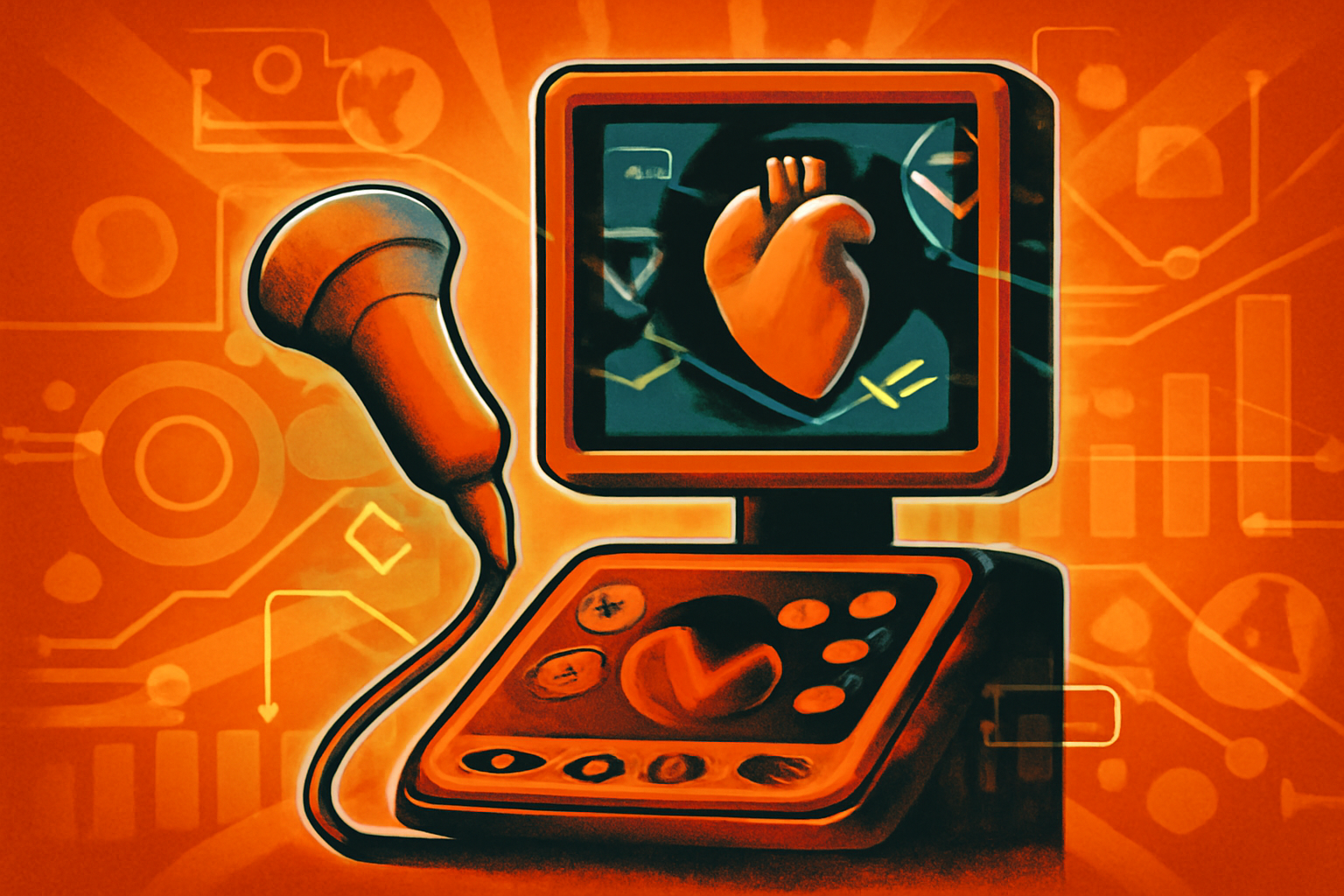 A digital tablet showing a 3D cardiac ultrasound scan with blue diagnostic data overlays in a medical office.