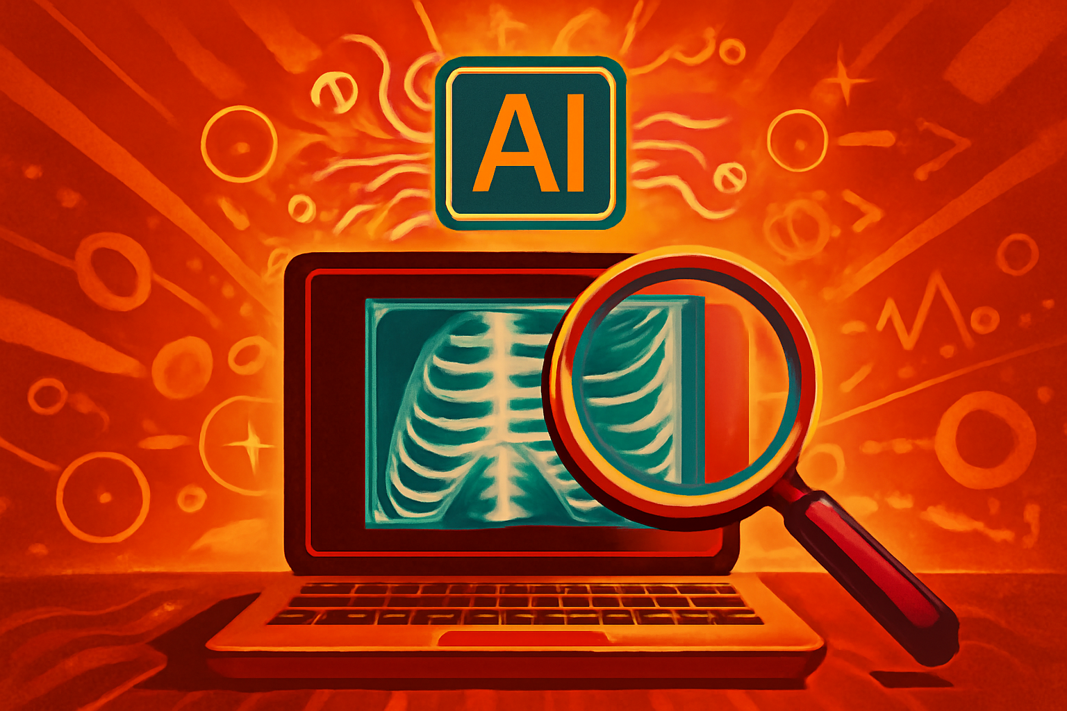 A computer screen in a medical office displaying an AI tool analyzing a radiology report for authenticity.