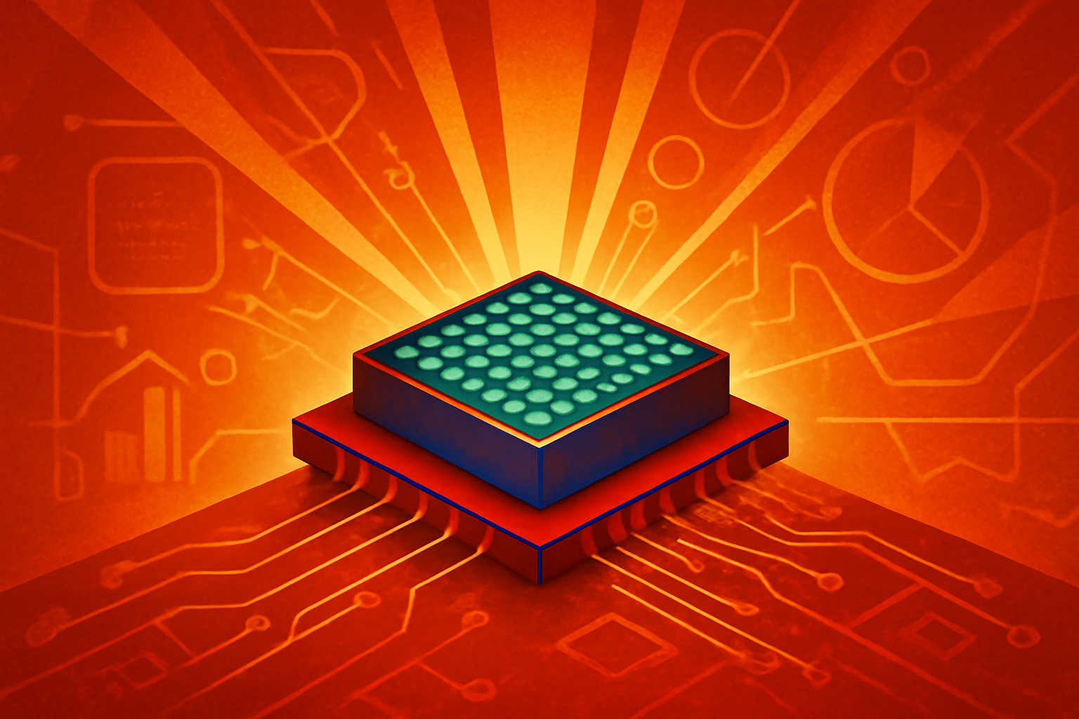 A close-up view of a MicroLED-based optical interconnect circuit board with glowing light channels, representing energy-efficient data center technology.
