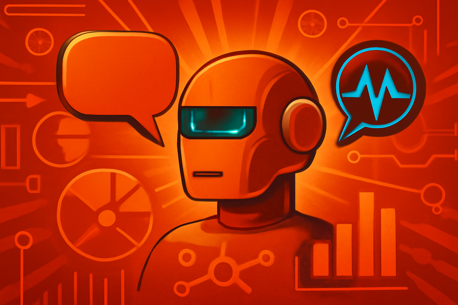A digital illustration of AI agent icons connected by overlapping vibrant soundwaves, symbolizing dynamic human-like conversation and tactical interruptions for improved reasoning.