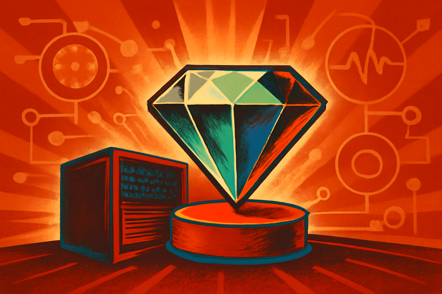 A conceptual rendering of the Aurora supercomputer processing data that forms a glowing geometric structure of a diamond.