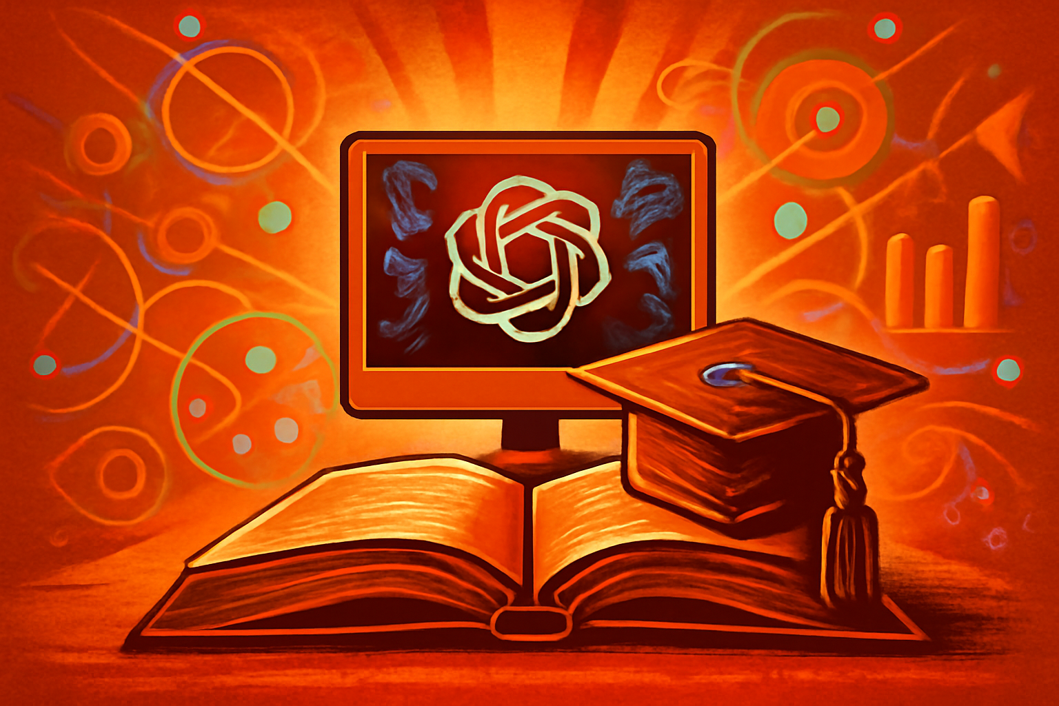 A close-up of a laptop screen in a modern university library, showing a research paper with a subtle digital overlay representing AI technology.