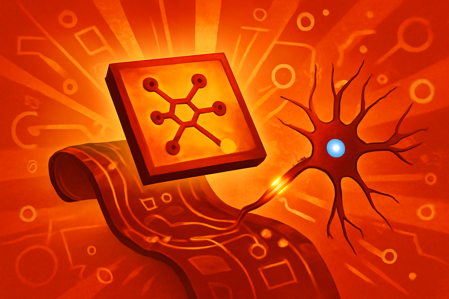 A flexible, transparent electronic circuit with glowing blue pathways designed to represent an artificial neuron interacting with biological brain cells in a clinical setting.