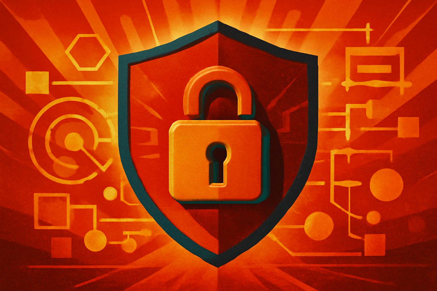 A conceptual digital illustration of a protective shield composed of data and glass protecting a global network.