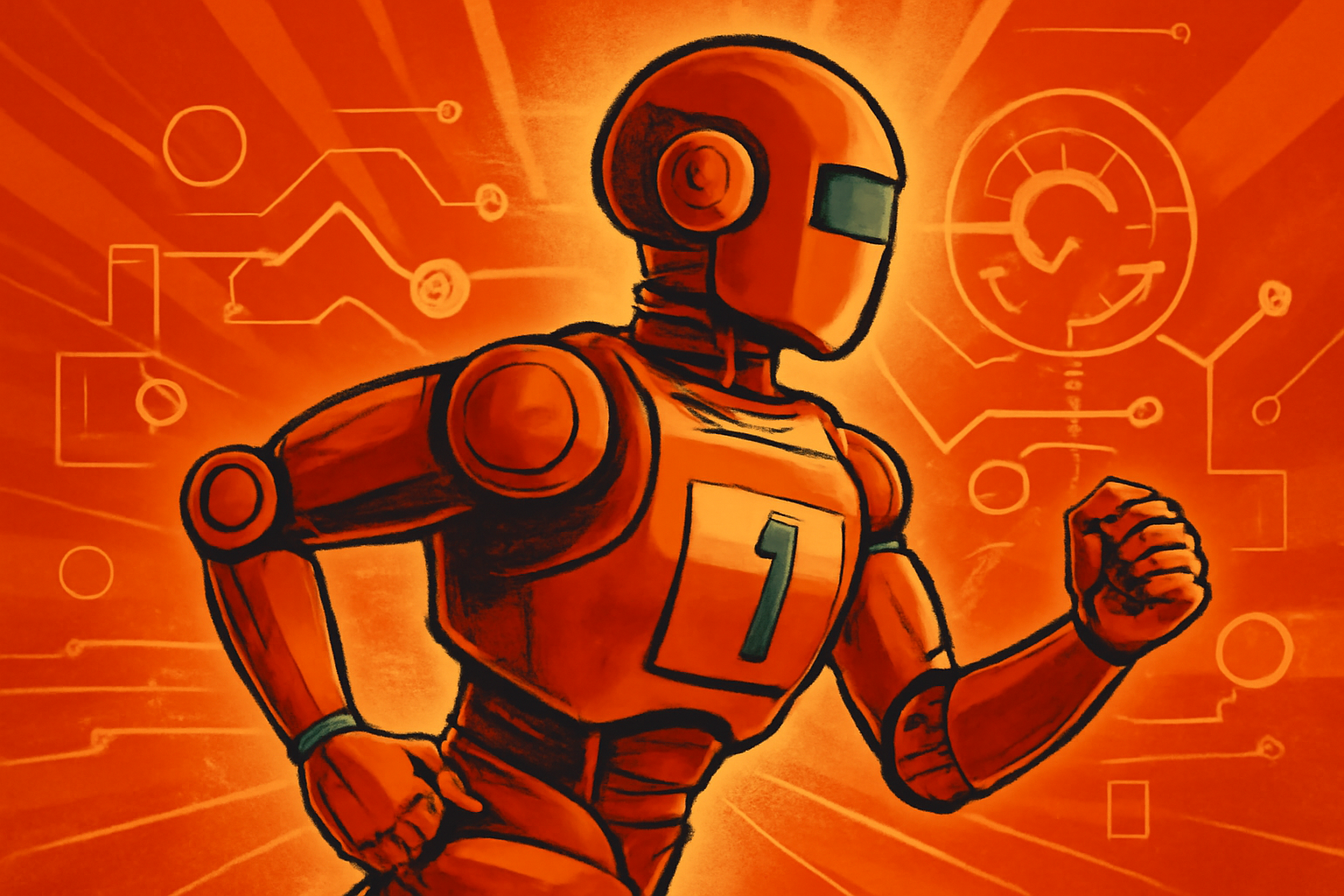 A humanoid robot in mid-stride crossing a finish line on a city street in Beijing.