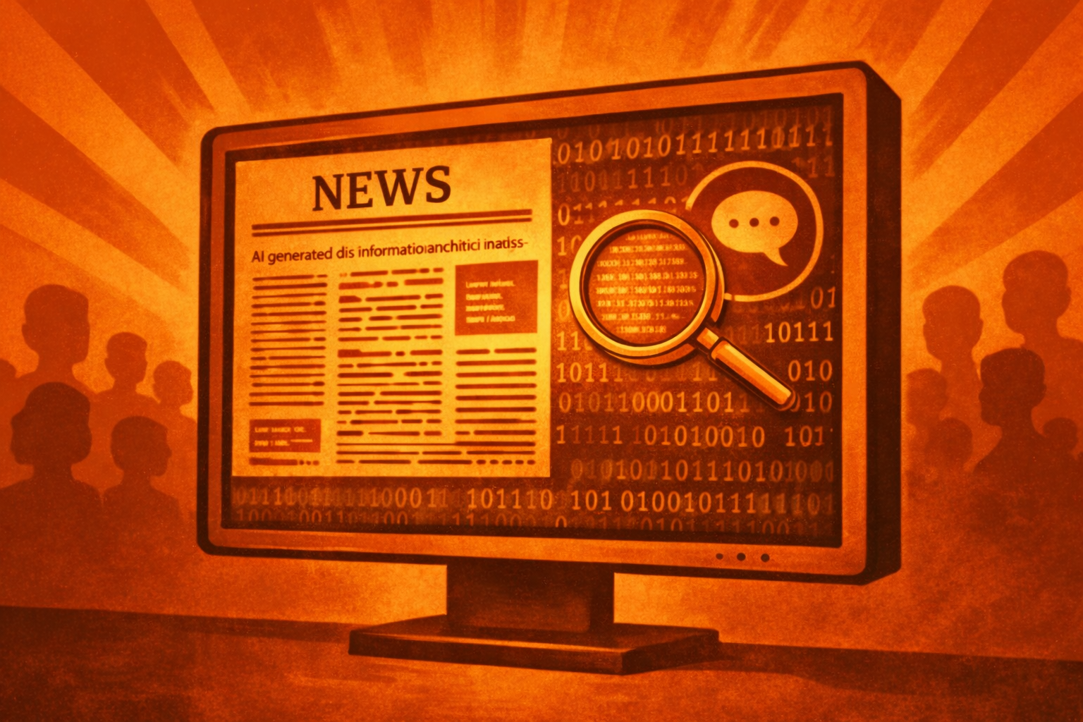 An editorial illustration of a computer screen showing a news article with binary code patterns, symbolizing the study of AI-generated disinformation and linguistic analysis.