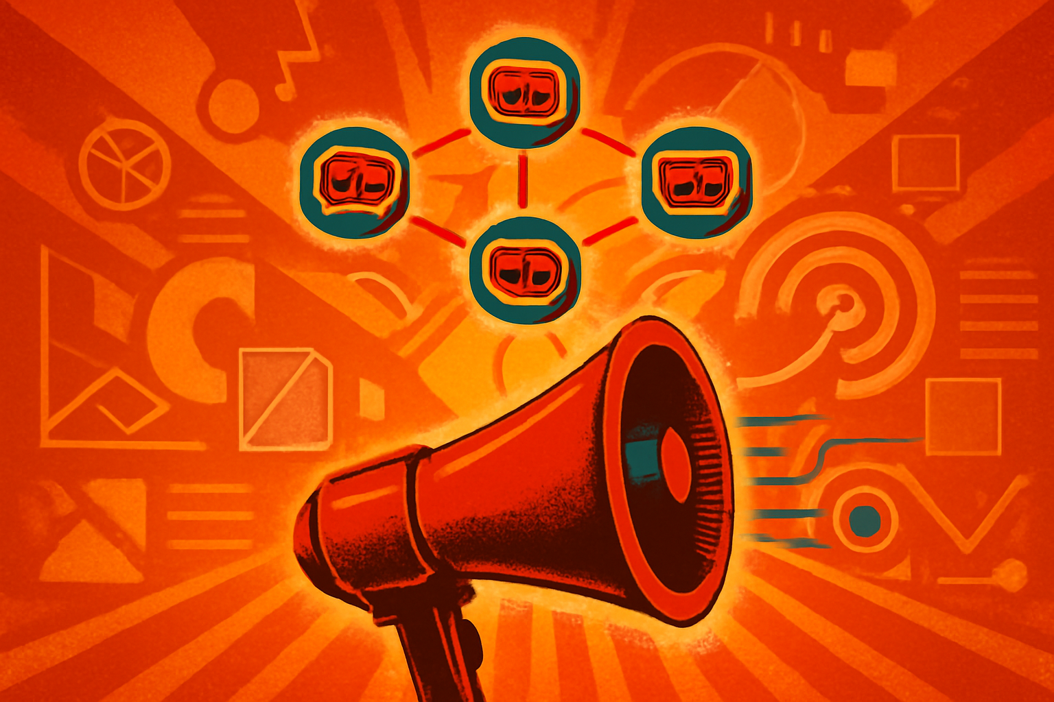 Digital silhouettes connected by glowing blue lines on a dark background, illustrating the concept of networked AI agents.