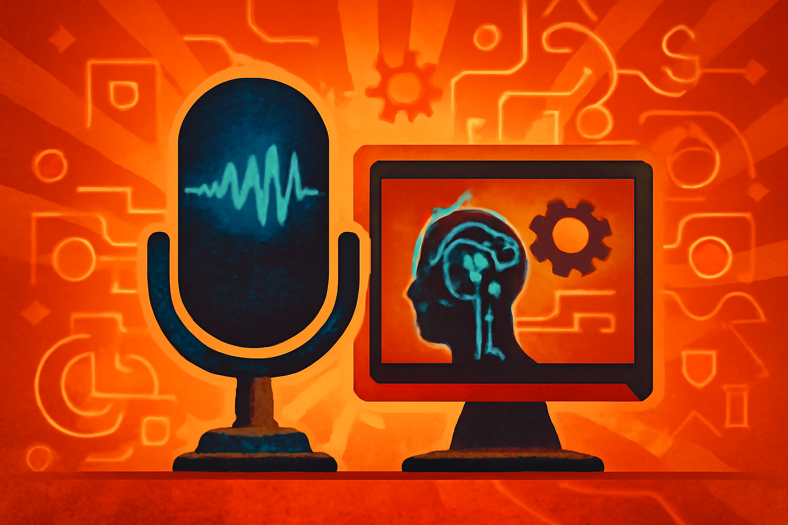 Stylized blue audio waveforms overlaying a photograph of a modern data center rack, representing enterprise voice AI technology.