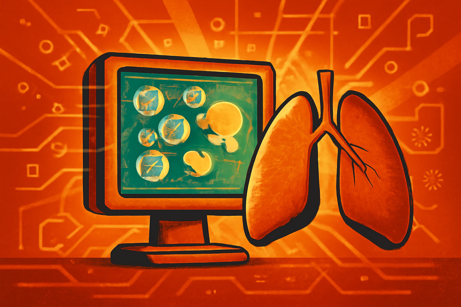 A digital pathology slide of lung cancer cells shown on a screen with translucent AI data overlays indicating cell analysis.