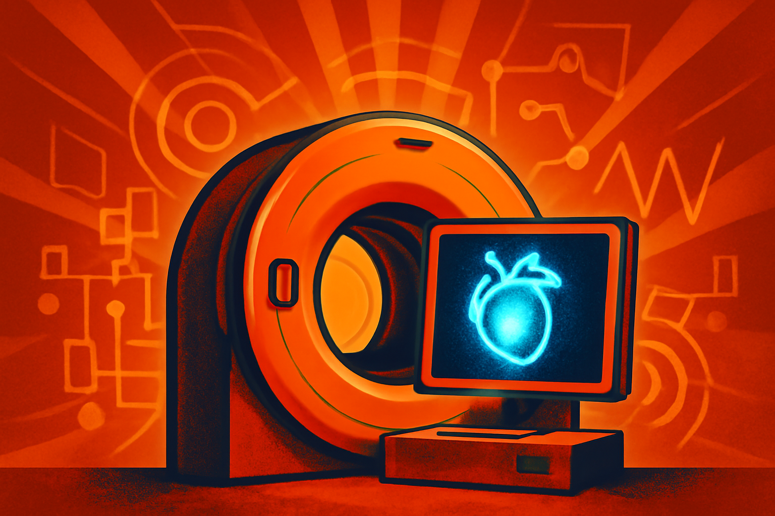 A cardiologist reviews a 3D digital model of a human heart on a medical monitor, showing AI-detected plaque in the arteries.