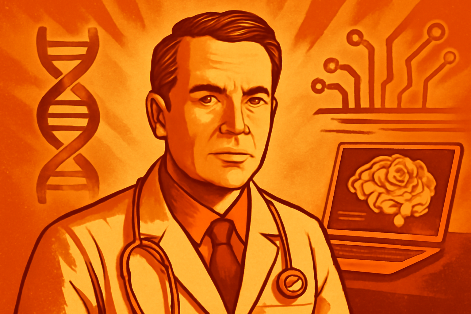 A medical researcher in a modern laboratory interacting with a high-tech holographic interface displaying genetic data and diagnostic reasoning for rare disease analysis.