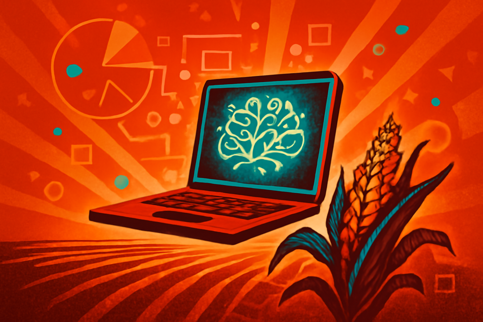 A digital interface showing agricultural data analytics and growth charts overlaid on a lush Nebraska cornfield under a clear sky.