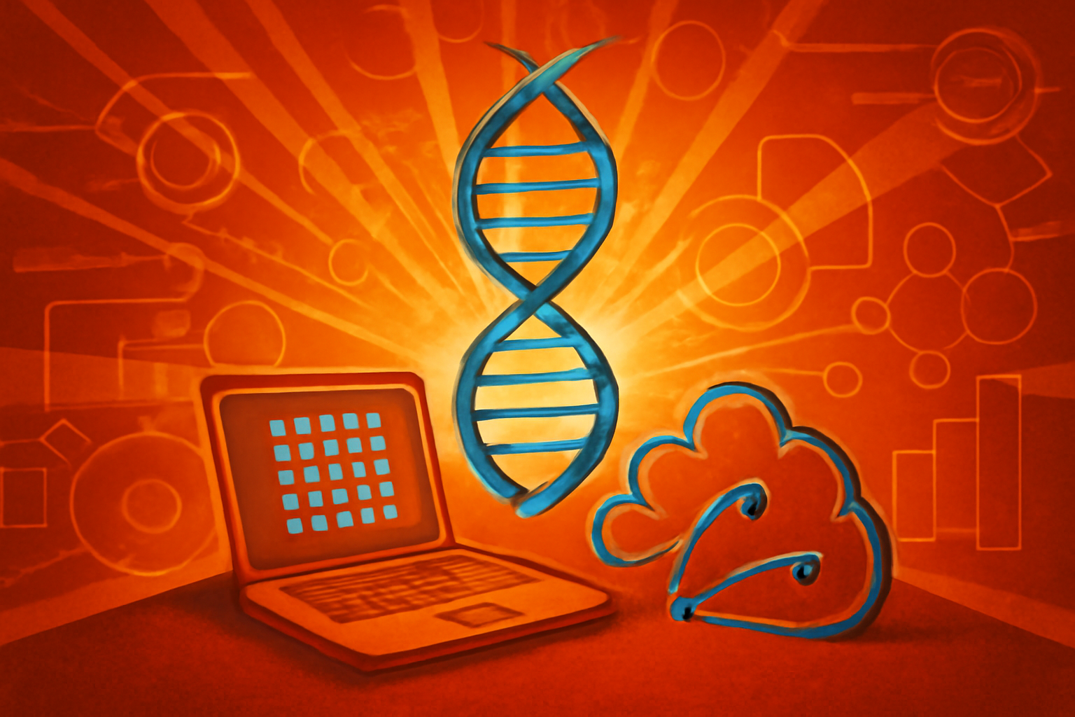 A digital display showing glowing DNA strands and genomic data visualizations in a modern medical research facility.