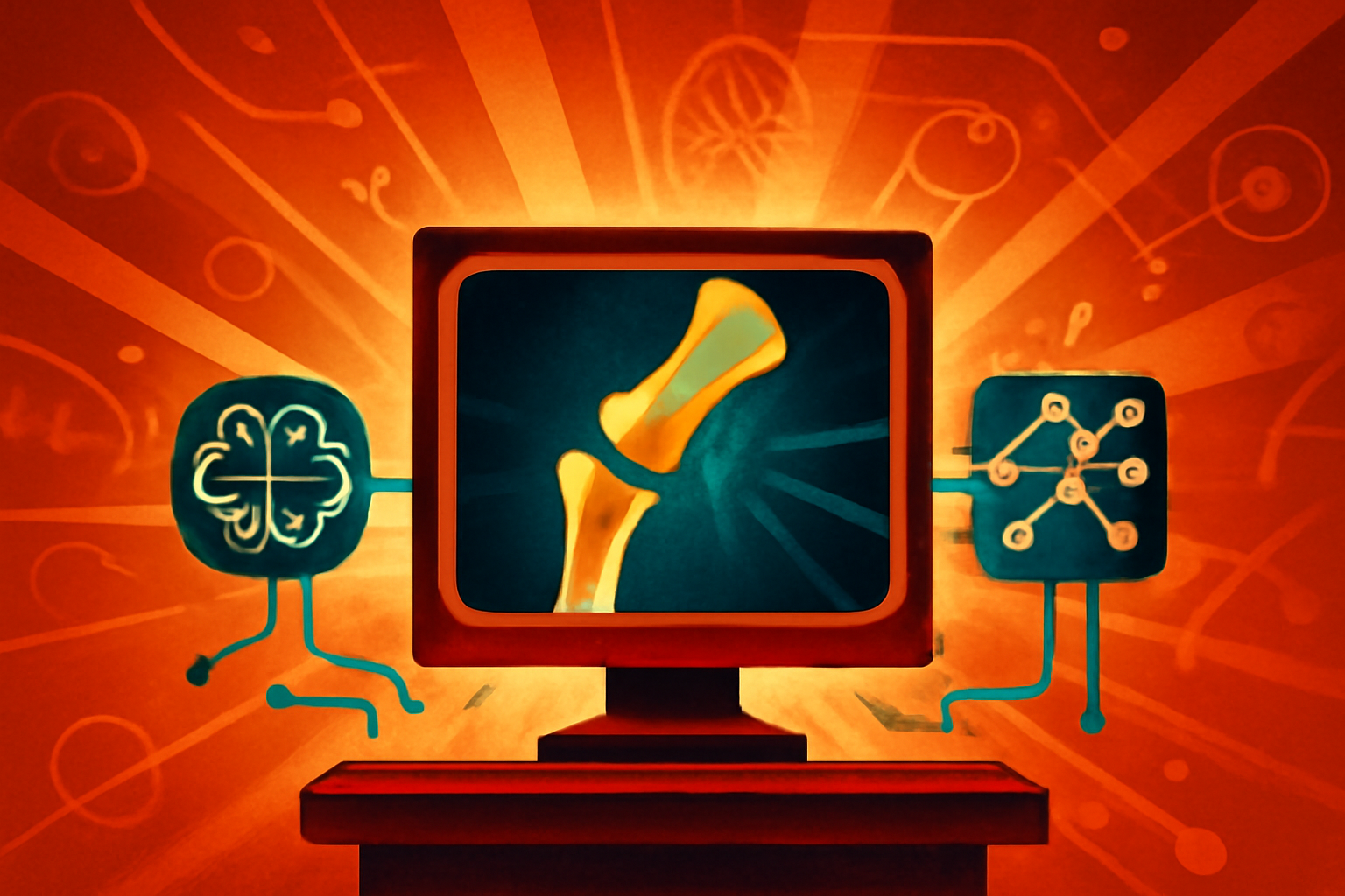 Medical professionals at a conference looking at an AI-enhanced X-ray highlighting potential fracture points in a human bone.