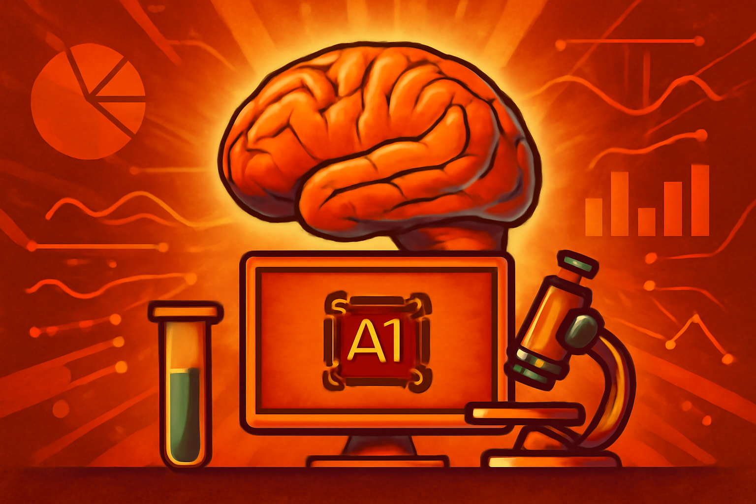 Digital visualization of an AI agent analyzing a 3D model of a human brain surrounded by data streams and molecular chains in a futuristic laboratory.