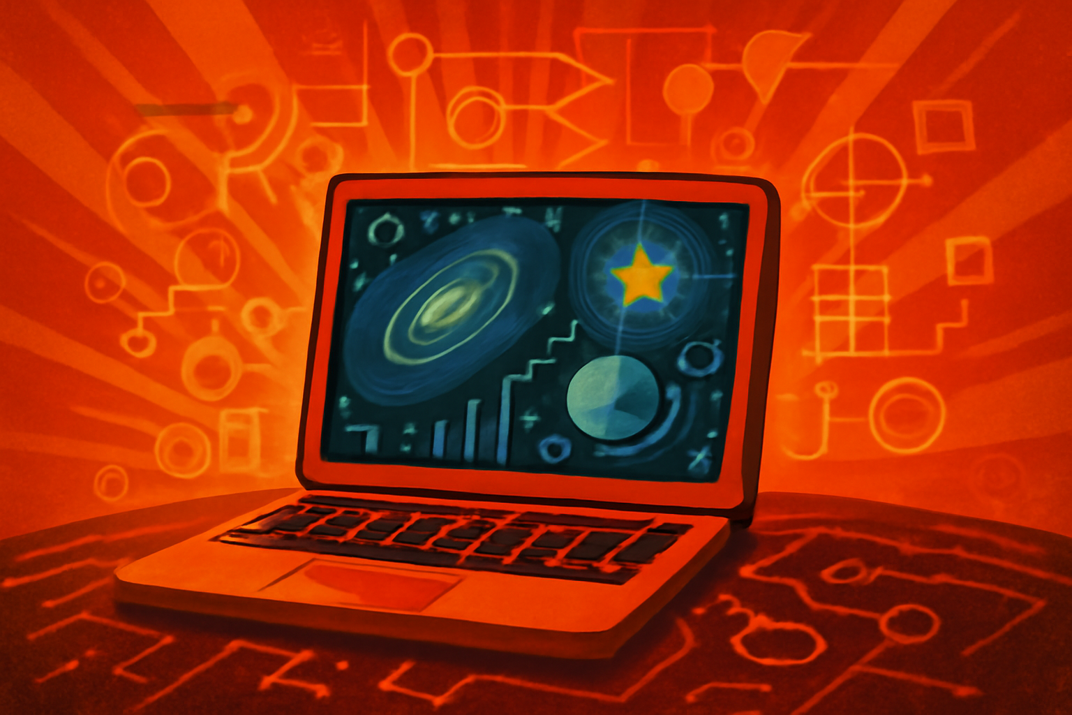 A teenage student viewing a star map and data visualizations on a computer screen showing deep space discoveries.