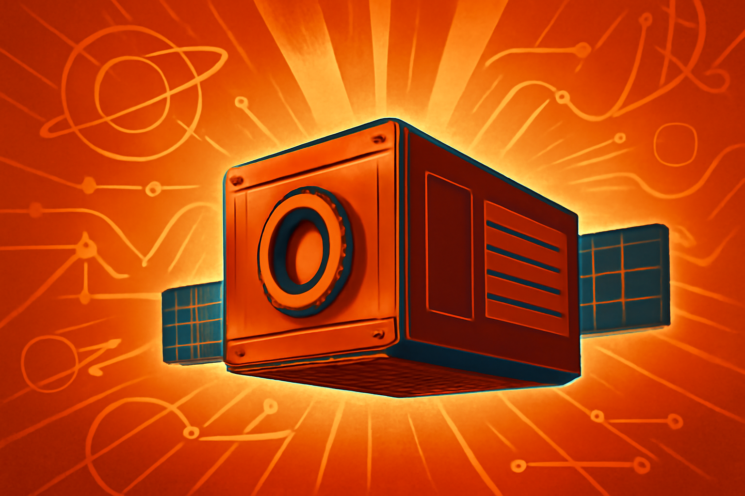 A specialized NVIDIA Vera Rubin Space-1 computing module floating in space above Earth, featuring a metallic finish and glowing internal components.