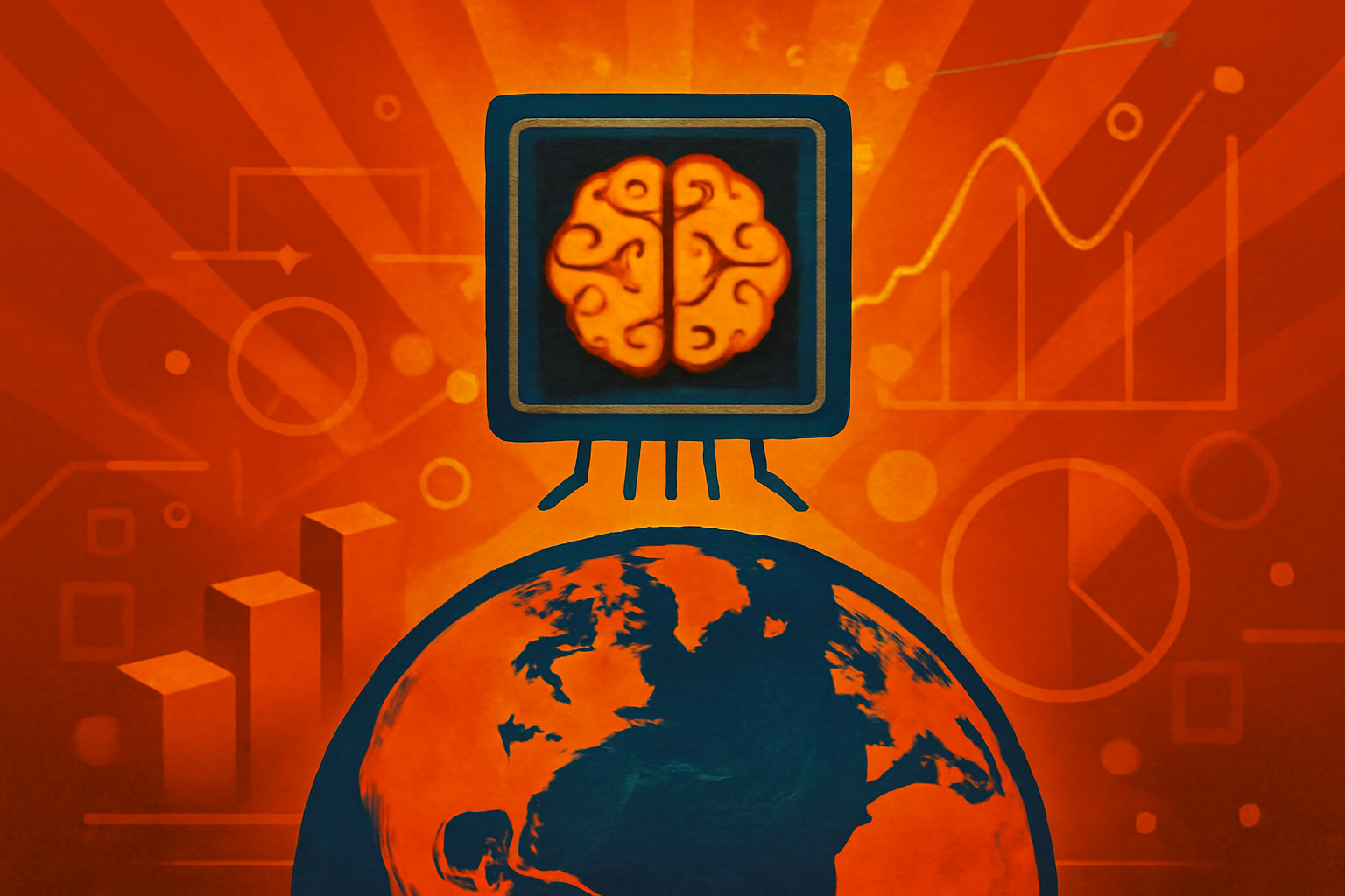 A digital visualization of planet Earth with atmospheric weather data and interconnected neural network nodes, representing AI-driven climate forecasting.