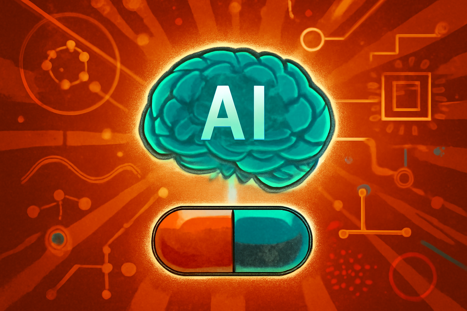 A laboratory monitor showing a digital DNA model and data analytics charts representing AI-driven drug development in a modern medical research facility.