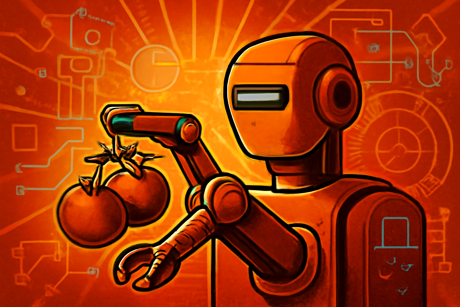 A high-tech robotic arm with sensors harvests ripe red tomatoes in a greenhouse.