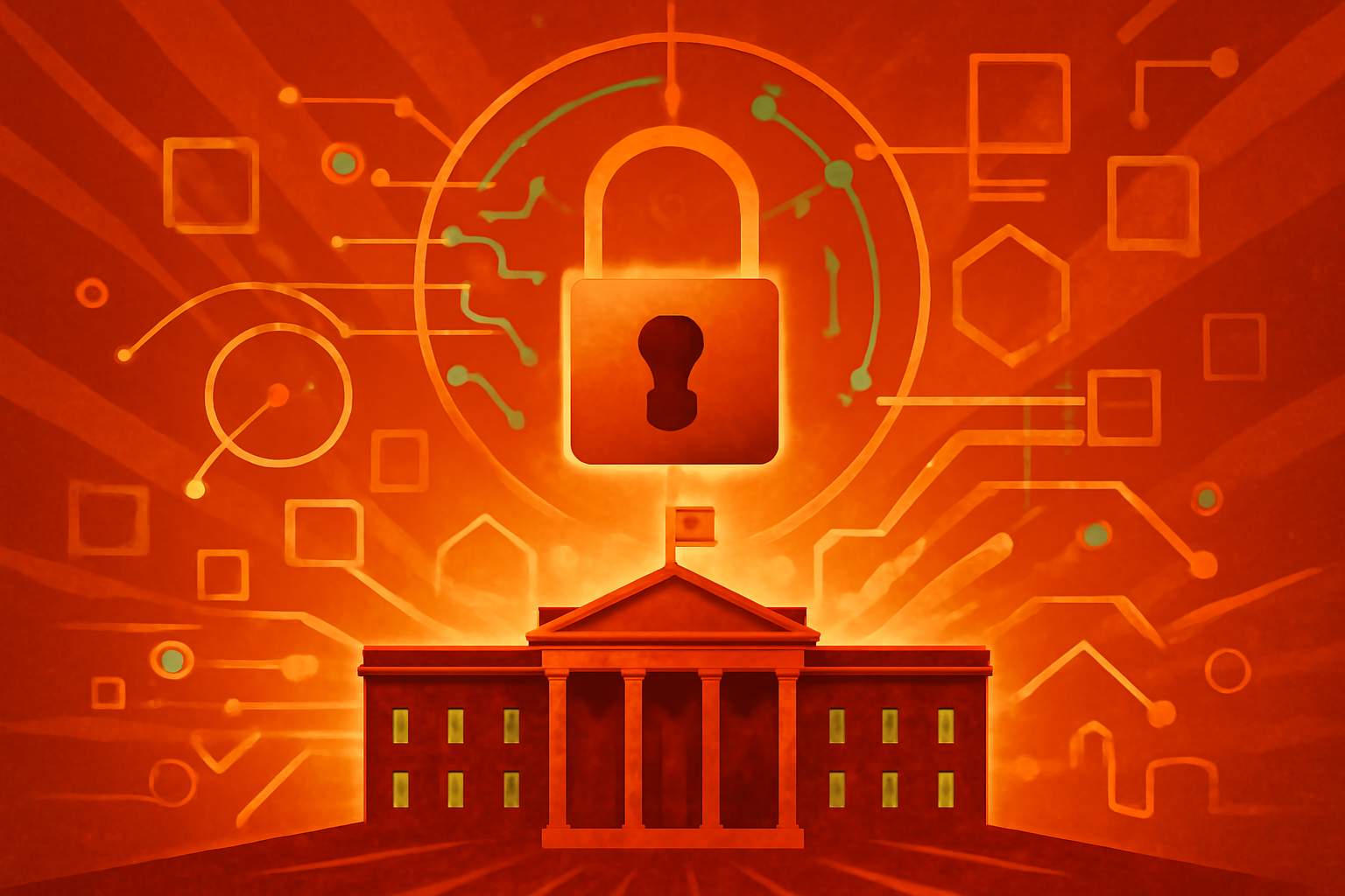 A professional office interior in Washington D.C. overlooking the city skyline, representing the intersection of technology and government policy.