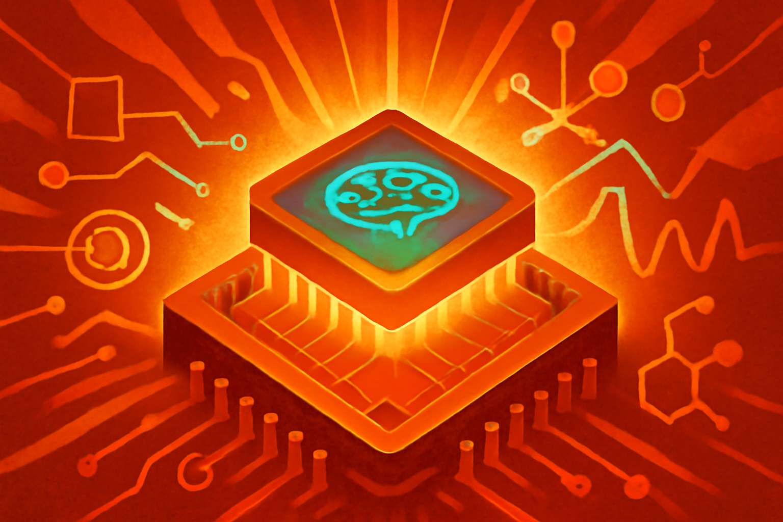 A stylized digital illustration of a semiconductor wafer integrated with glowing neural network connections in a dark data center setting.