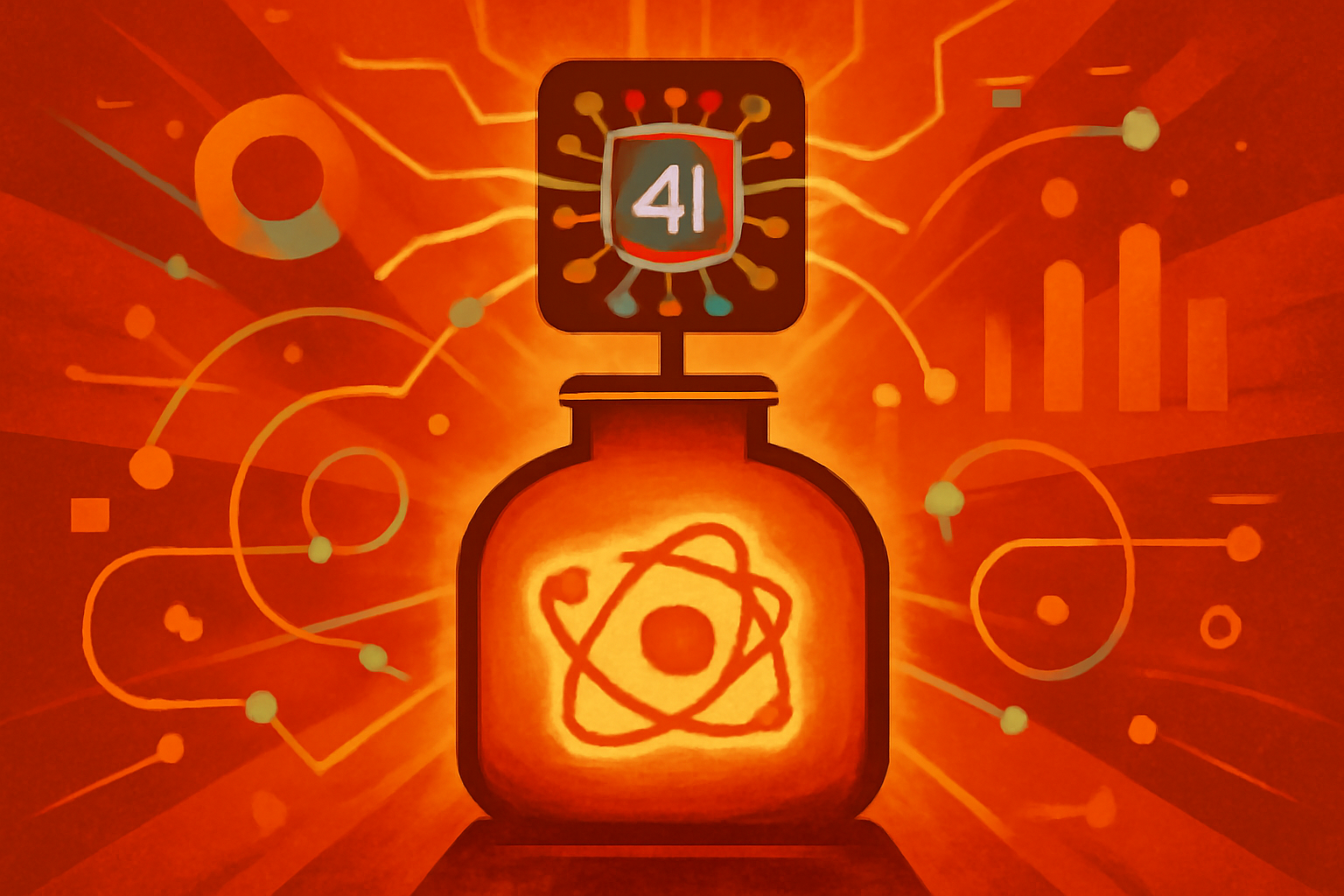 A digital illustration of a next-generation thorium nuclear reactor core with glowing energy paths and subtle neural network patterns in the background.