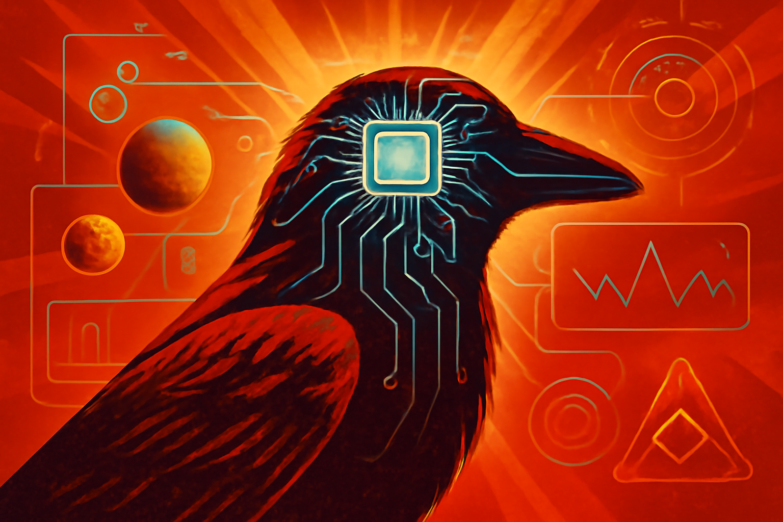 A digital illustration showing a star map with several highlighted planetary orbits. A subtle bird-shaped nebula represents the RAVEN AI tool scanning the galaxy.