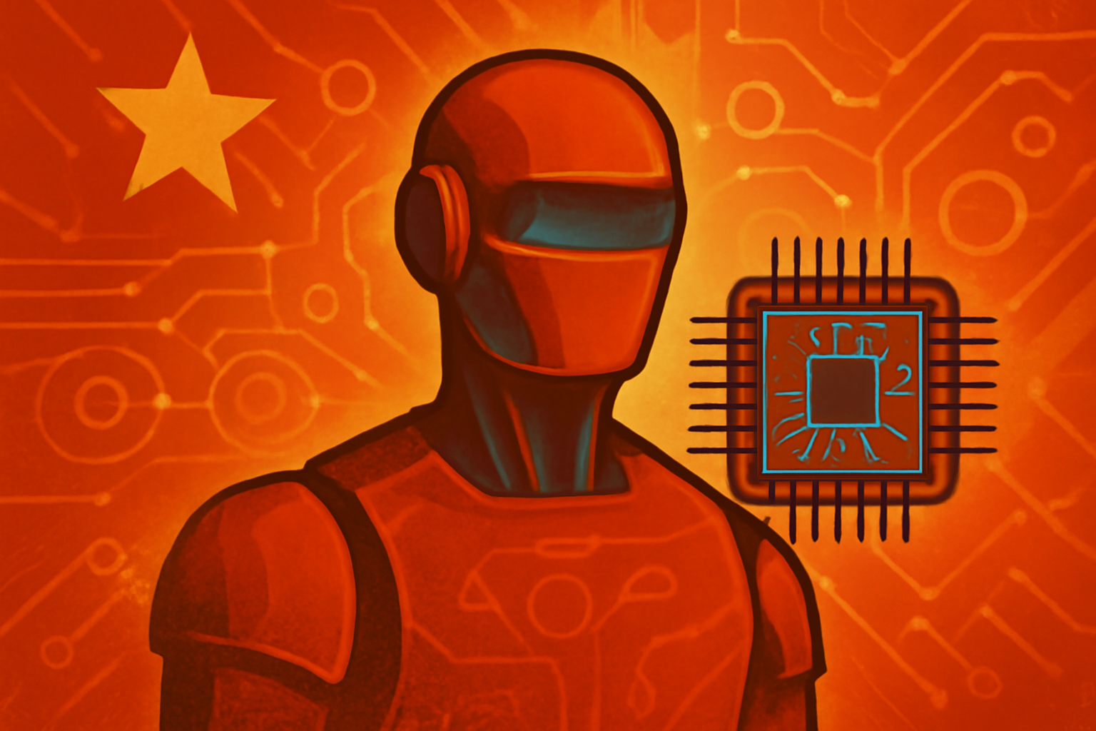 A humanoid robot interacts with a holographic display on a modern factory floor in Beijing.