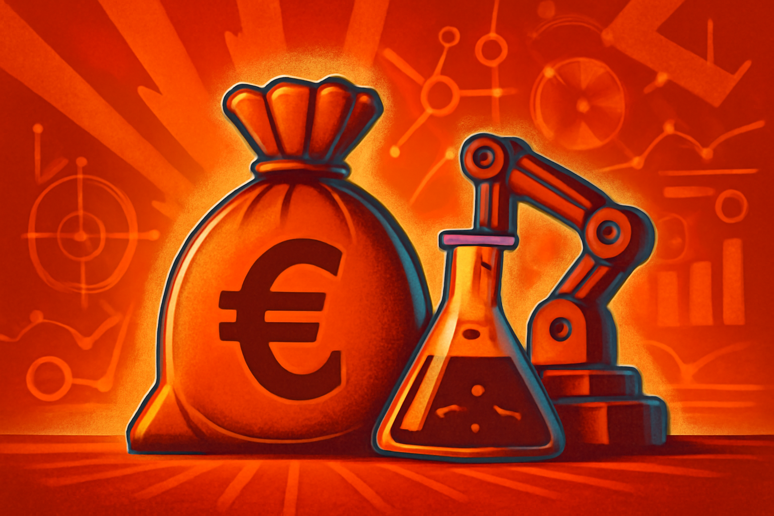 A futuristic laboratory setup showing robotic equipment and digital screens used for chemical research and AI-driven molecular discovery.