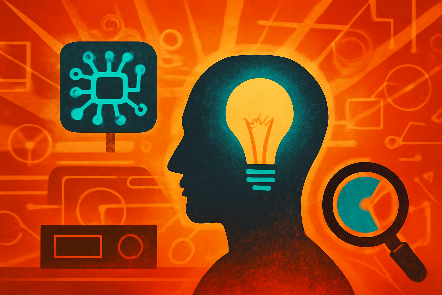 Illustration of a person working on a laptop with a glowing brain icon, symbolizing the link between AI timing and human critical thinking.