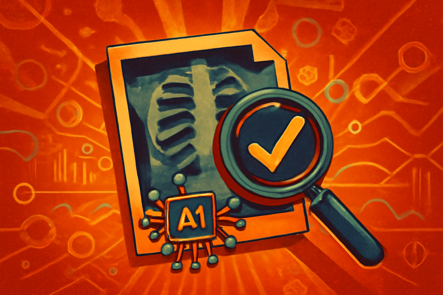 A digital medical report on a computer screen being analyzed by an AI detection system, symbolizing fraud prevention in radiology.