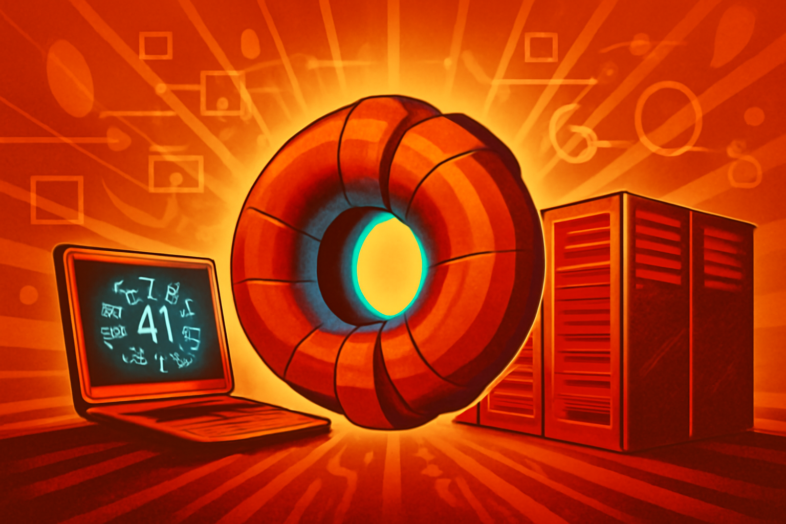 A conceptual 3D rendering of a tokamak fusion reactor with glowing plasma inside, featuring digital overlays of data points and AI connectivity lines to represent predictive monitoring.