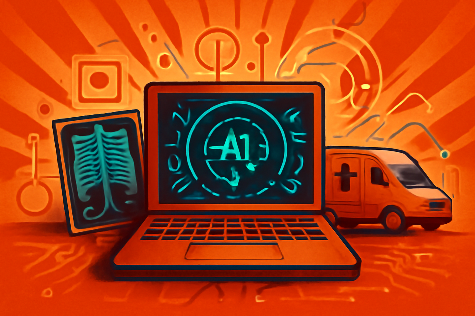 A healthcare worker stands next to a mobile clinic van in a rural field, holding a tablet showing an AI-powered medical diagnostic interface.