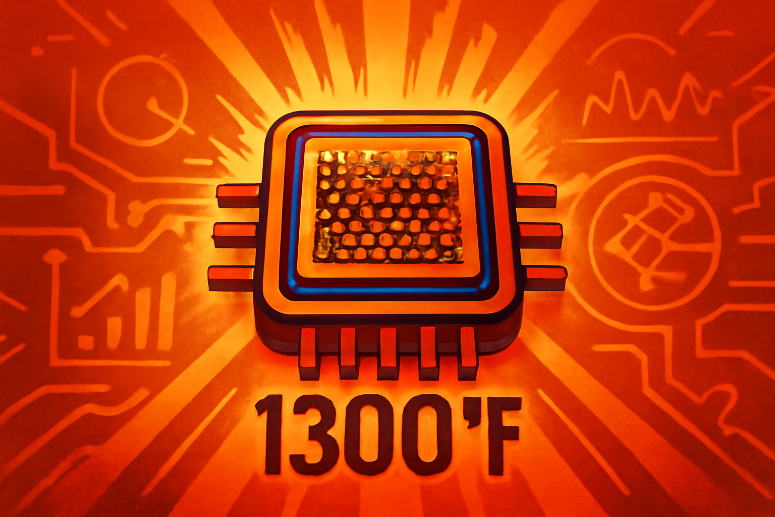 A microchip glowing with heat inside a furnace to demonstrate its high-temperature durability for AI applications.