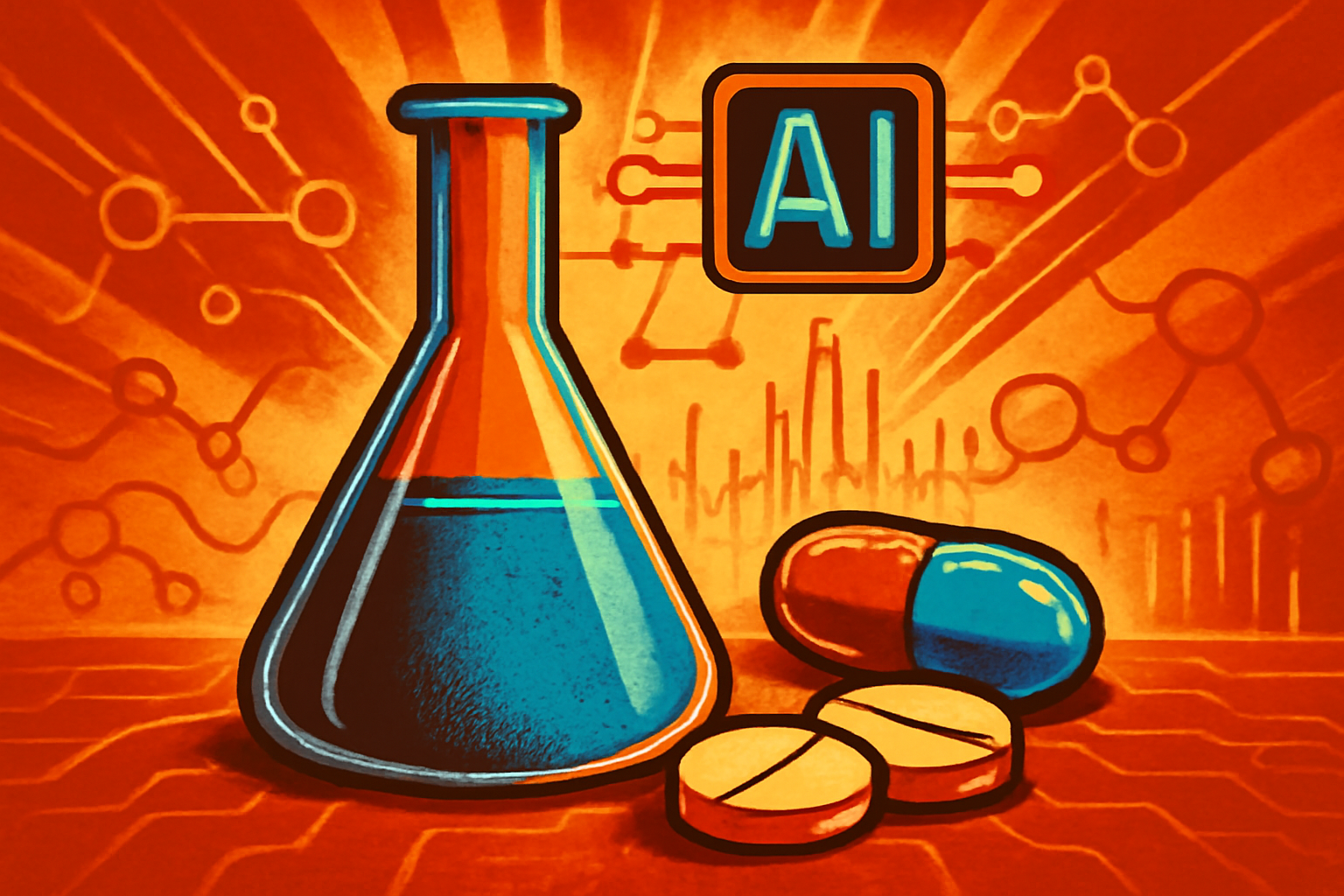 A high-resolution computer screen showing a scientific software interface with colorful 3D molecular models and data graphs representing drug discovery research for global health.