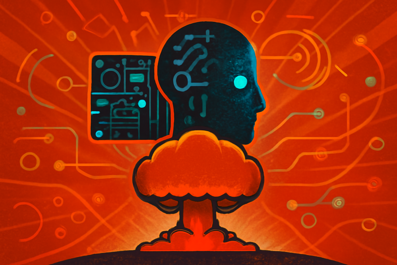 A digital simulation map of the world displaying red paths and glowing indicators of nuclear strikes in a dark, high-tech military command center.